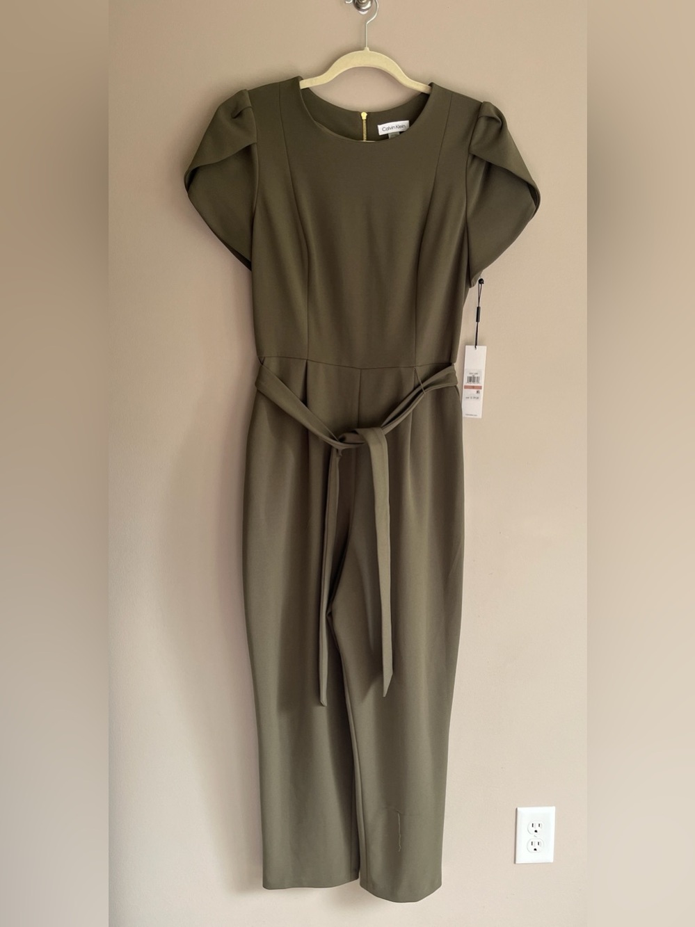 Calvin Klein Tulip Sleeve Tie-Waist Olive Green Jumpsuit size 12